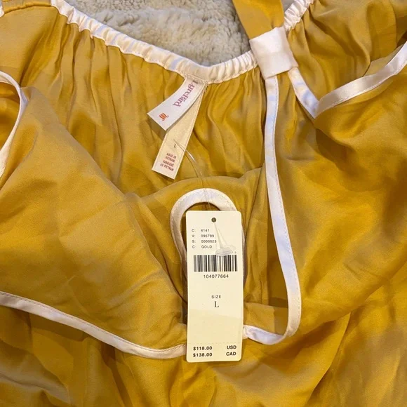 Anthropologie Golden Mustard Satin Chemise with White Lace Trim - Picture 2 of 2